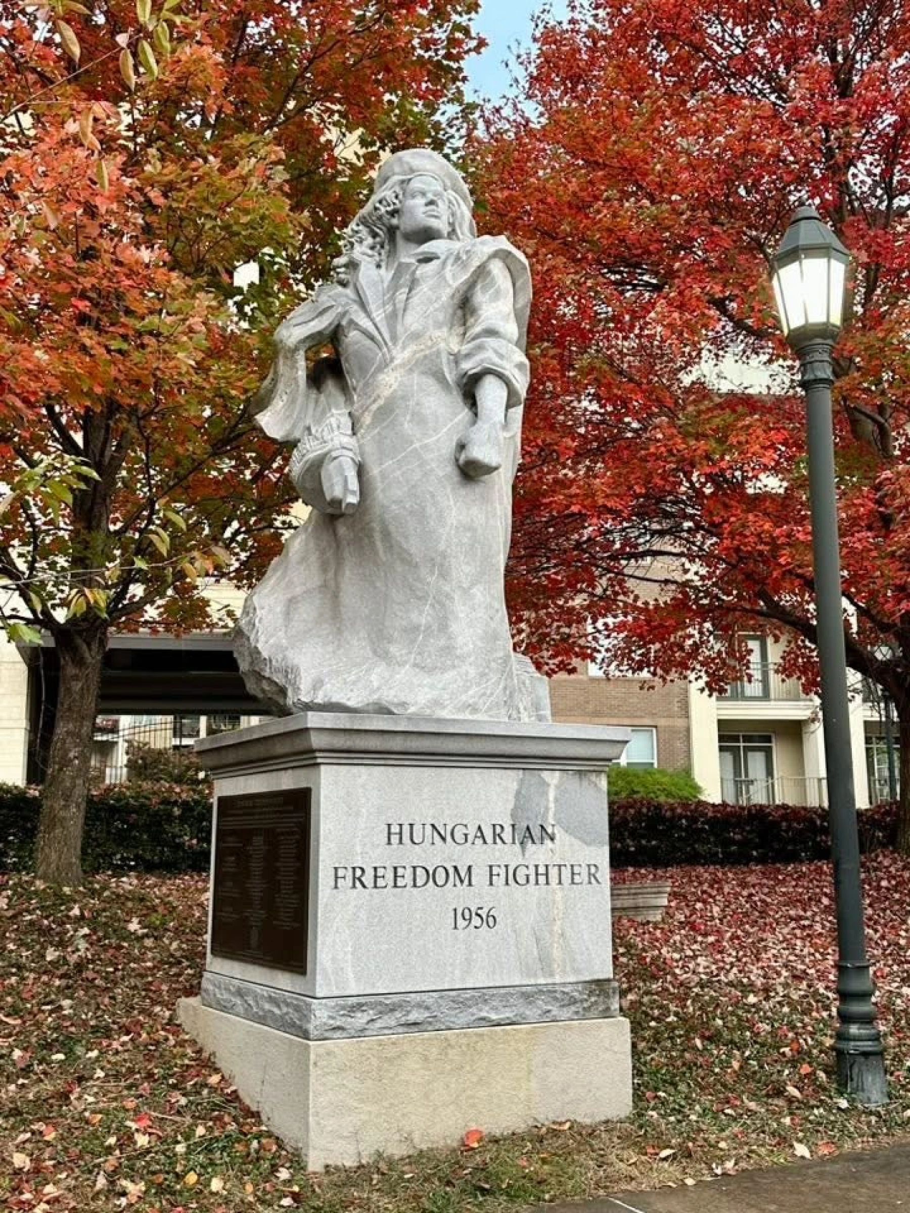 Freedom Fighter Statue in the fall as the leaves change color
